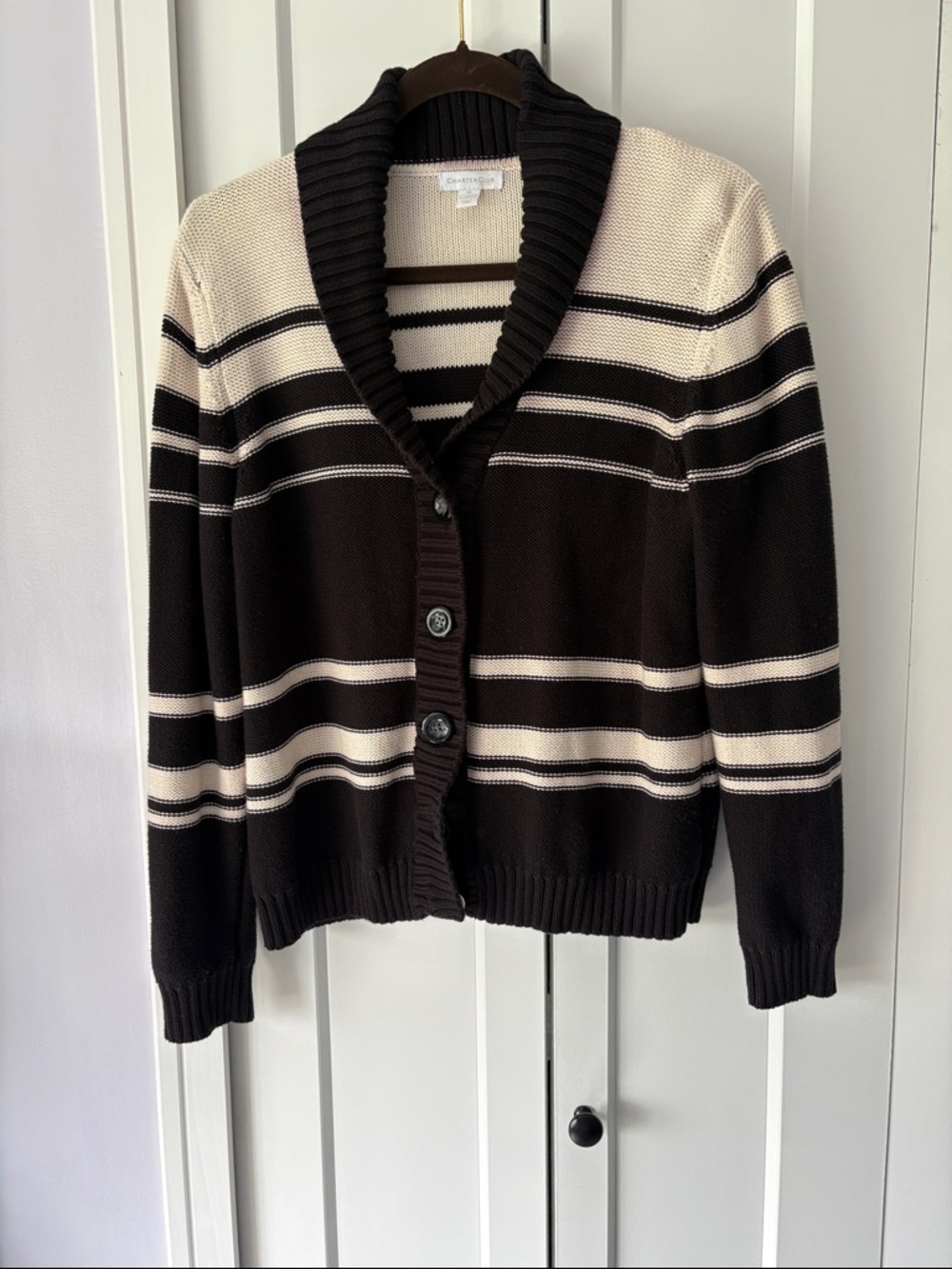 XL Charter Club Black and Cream Striped Shawl Collar button‎ up Cardigan Sweater